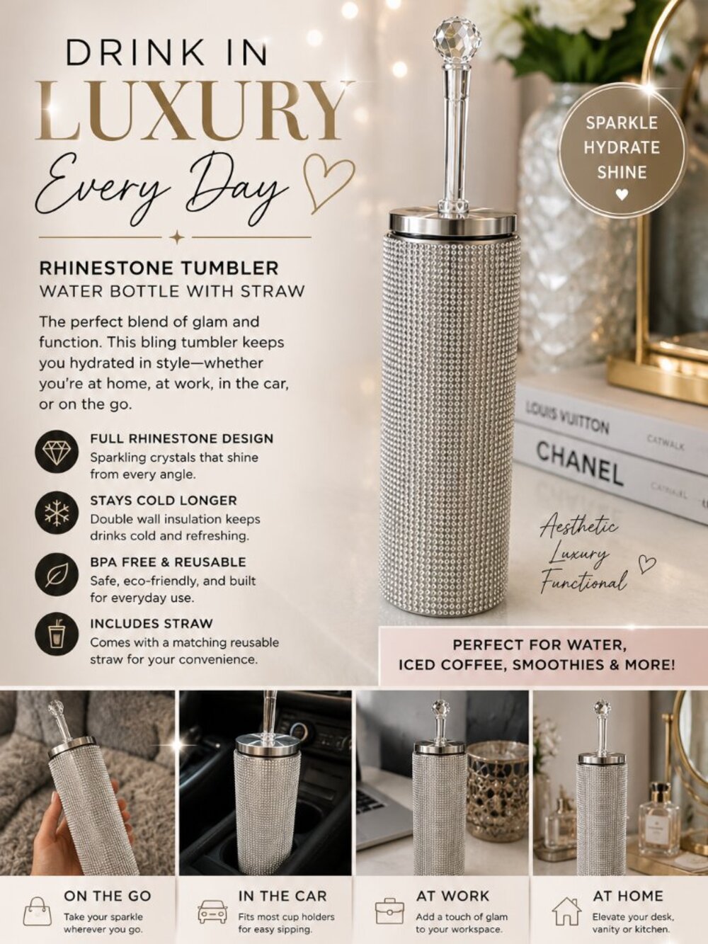 Bling Rhinestone Tumbler Water Bottle Silver Crystal Cup With Straw